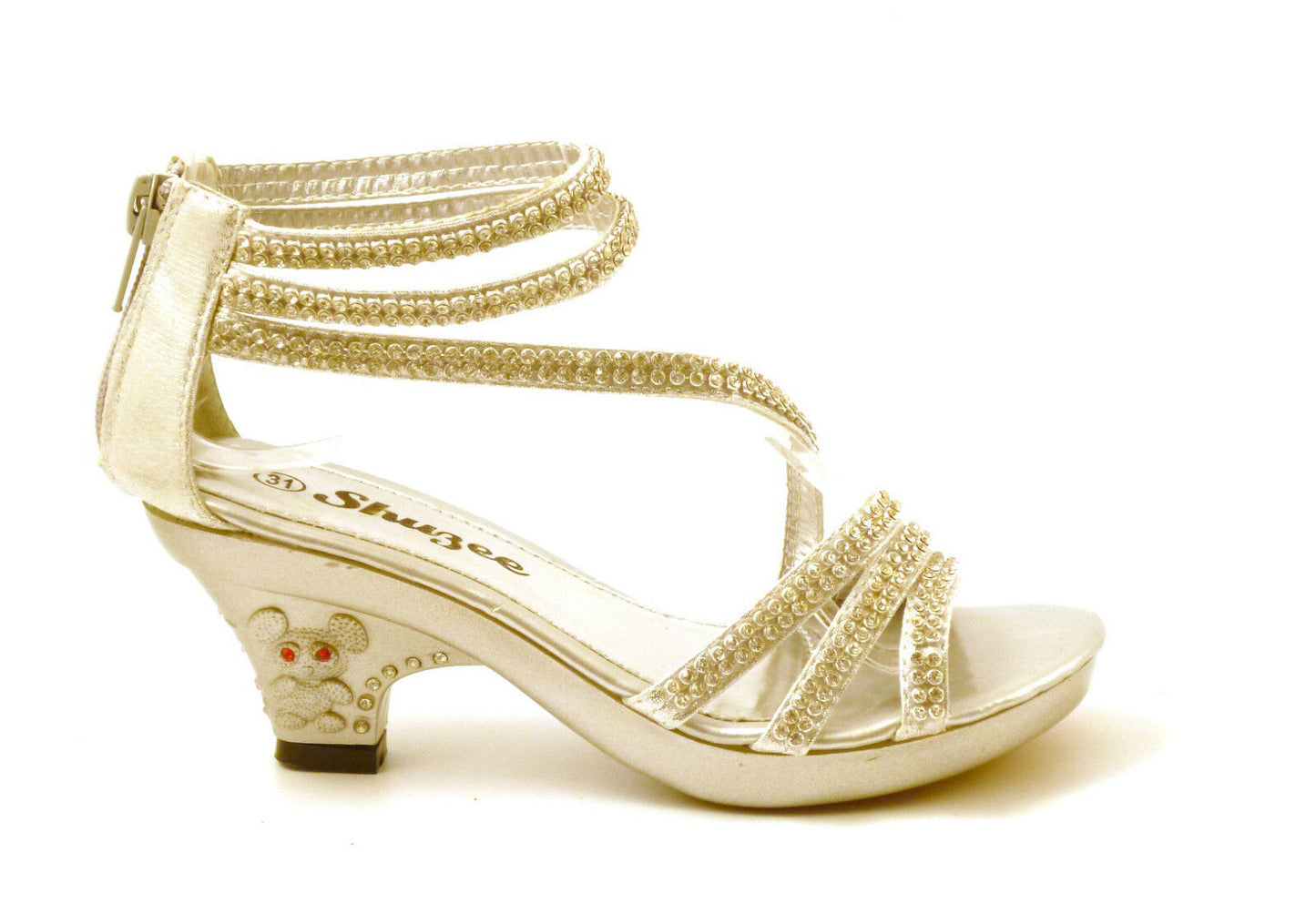 GIRLS KIDS LOW HEEL DIAMANTE TRIM WEDDING BRIDESMAID SANDALS PUMPS SHOES SIZE