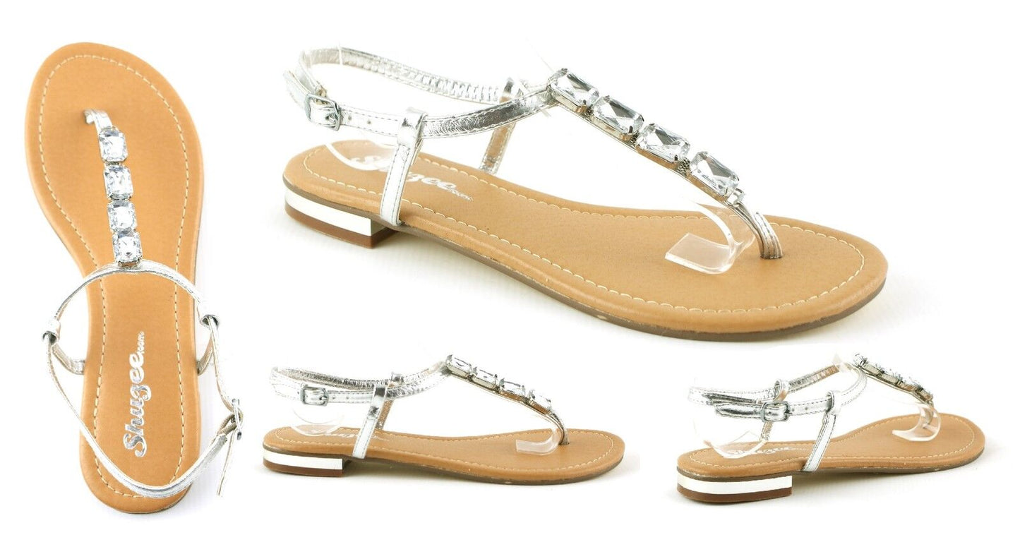 LADIES WOMENS NEW FLAT HEEL DIAMANTE CRYSTAL GLADIATOR SUMMER SANDALS SHOES SIZE