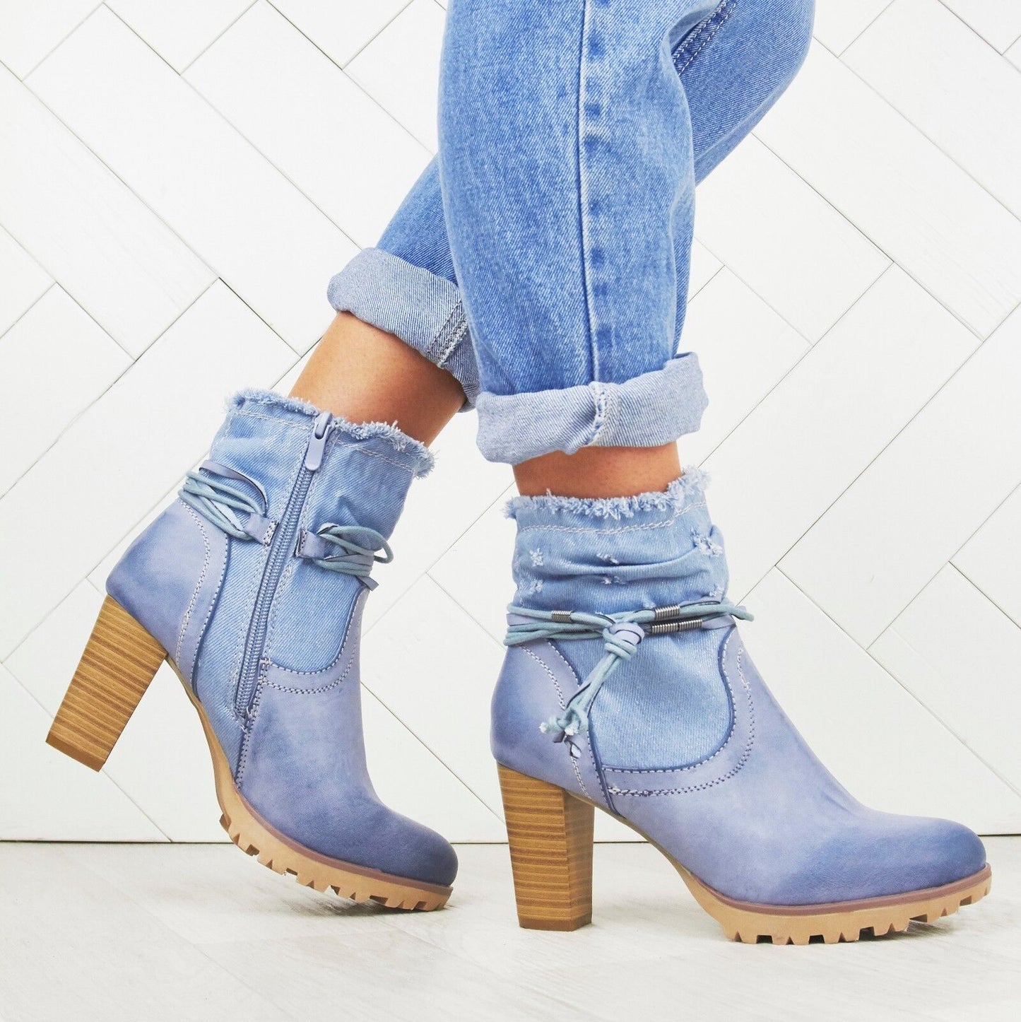 WOMENS LADIES BLOCK HEEL ANKLE DENIM DESIGN FASHION GRIP SOLE BOOTS SHOES SIZE