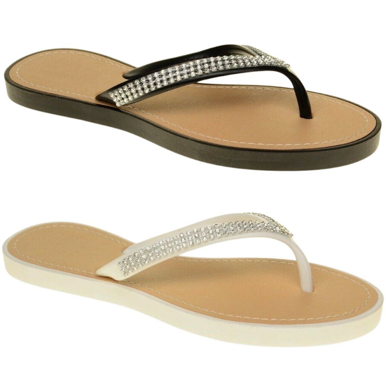 LADIES WOMENS DIAMANTE DETAIL THONG FLIP FLOPS SUMMER SANDALS BEACH SHOES SIZE