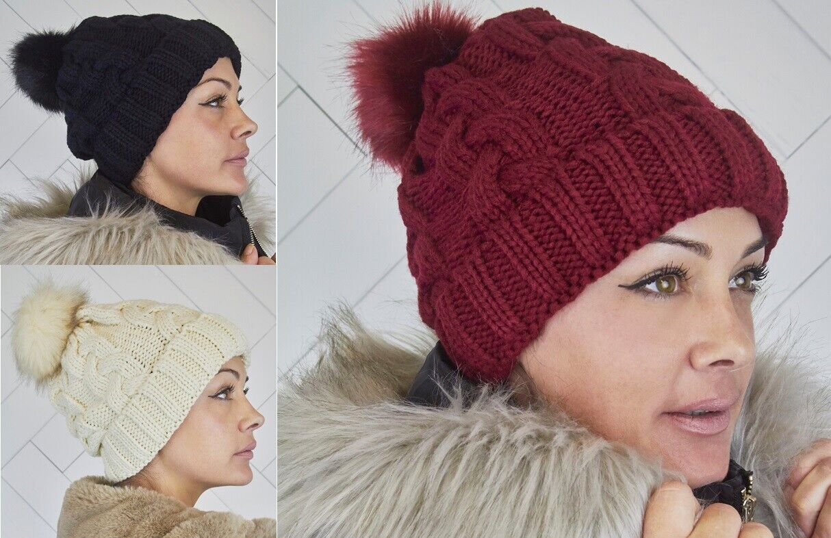WOMENS LADIES FAUX FUR BEANIE POM POM WINTER HAT FREE POSTAGE