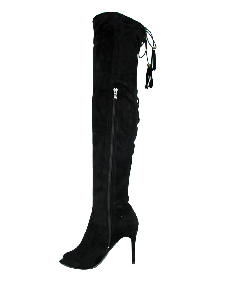 LADIES WOMENS OVER THE KNEE BLACK BOOTS HIGH HEEL PEEP TOE THIGH HIGH SHOES SIZE