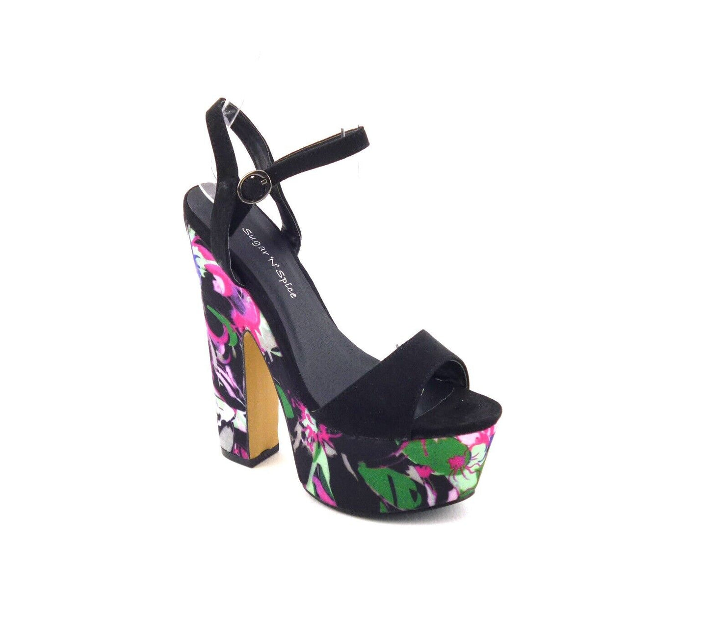 LADIES WOMENS PEEP TOE BLOCK HEEL FLORAL PRINT SUMMER EVENING SANDALS SHOES SIZE