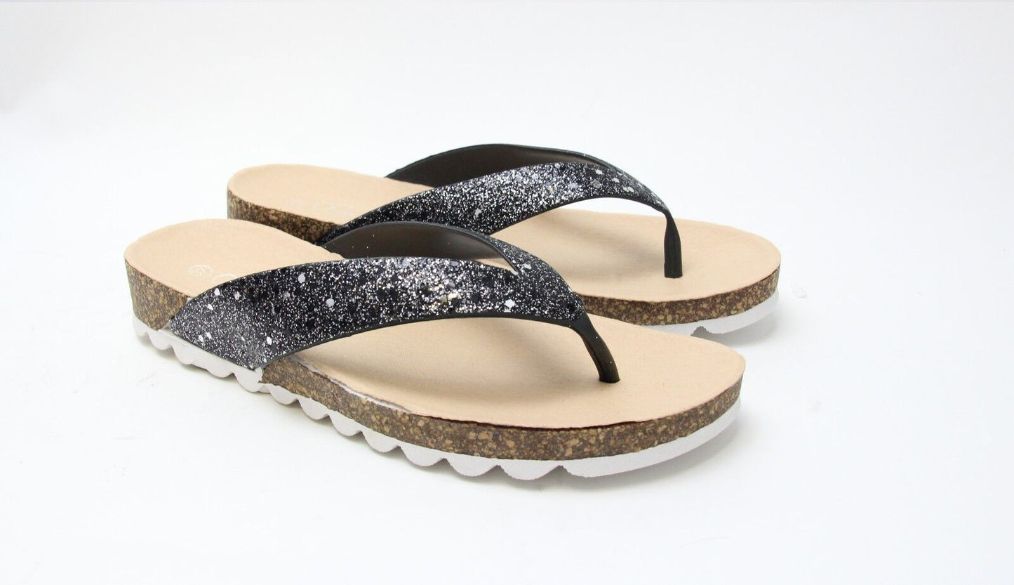 LADIES WOMENS TOE POST LOW WEDGE FLIP FLOPS FOOT BED SUMMER SANDALS SHOES SIZE