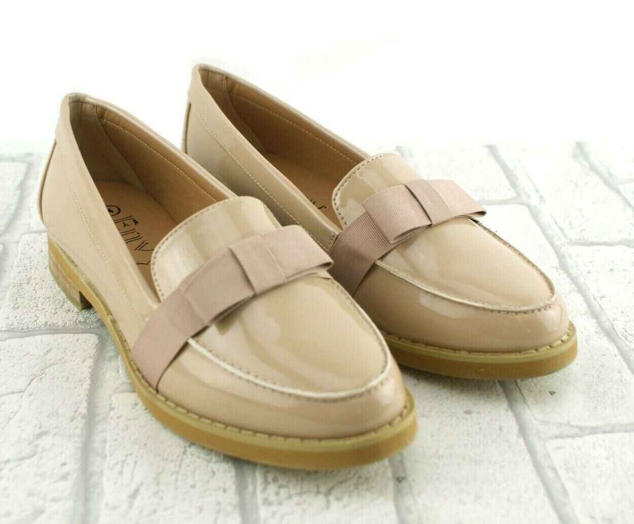 Ladies Womens Faux Nude Patent Leather Penny Loafer Moccasin Slip On Shoes Size