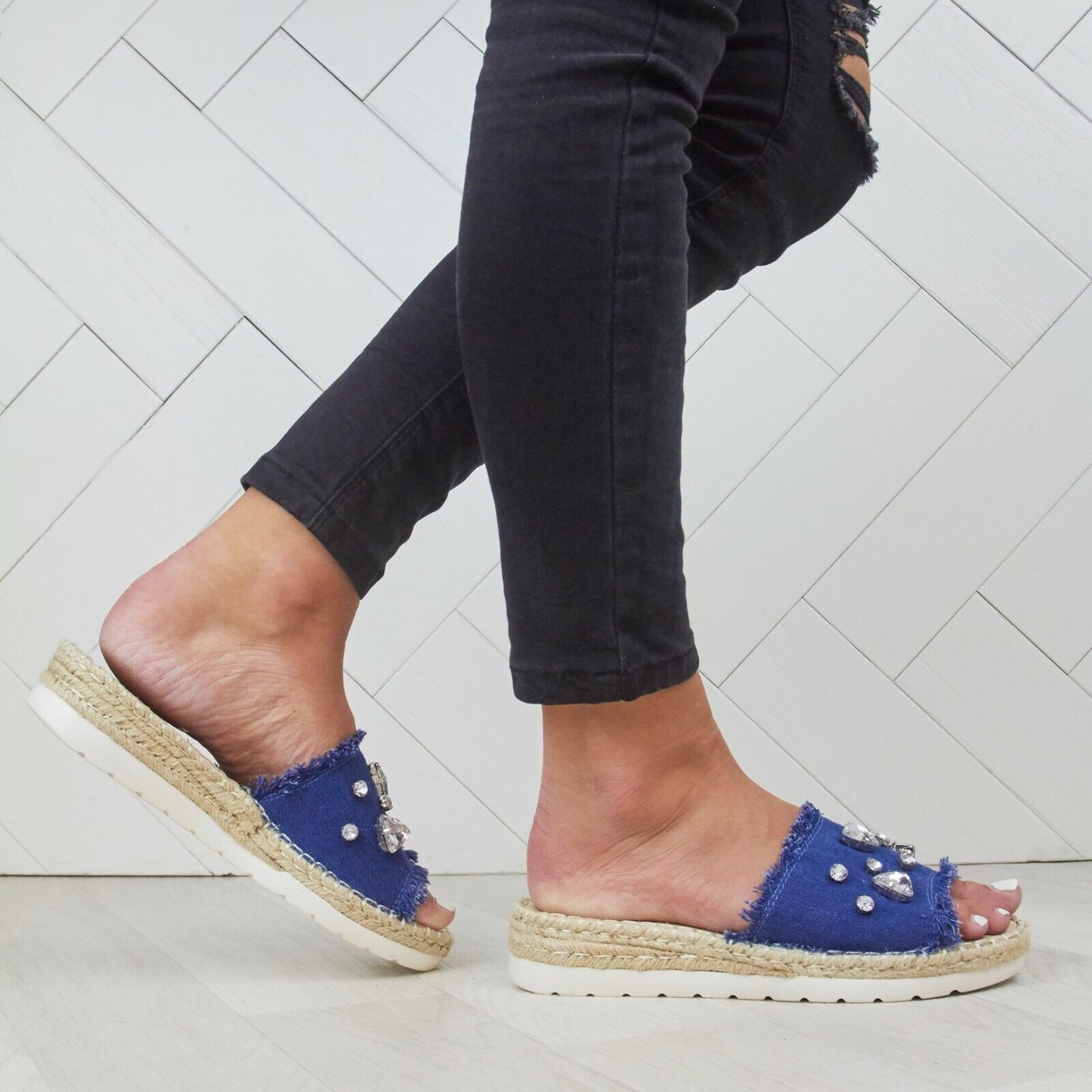 LADIES WOMENS FLAT ESPADRILLE SLIP ON DENIM DIAMANTE EMBELLISHED MULE SANDALS