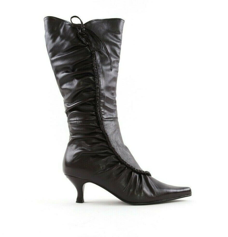 LADIES WOMENS LOW HEEL FRILL DETAIL FAUX LEATHER ZIP UP KNEE BOOTS SHOES SIZE
