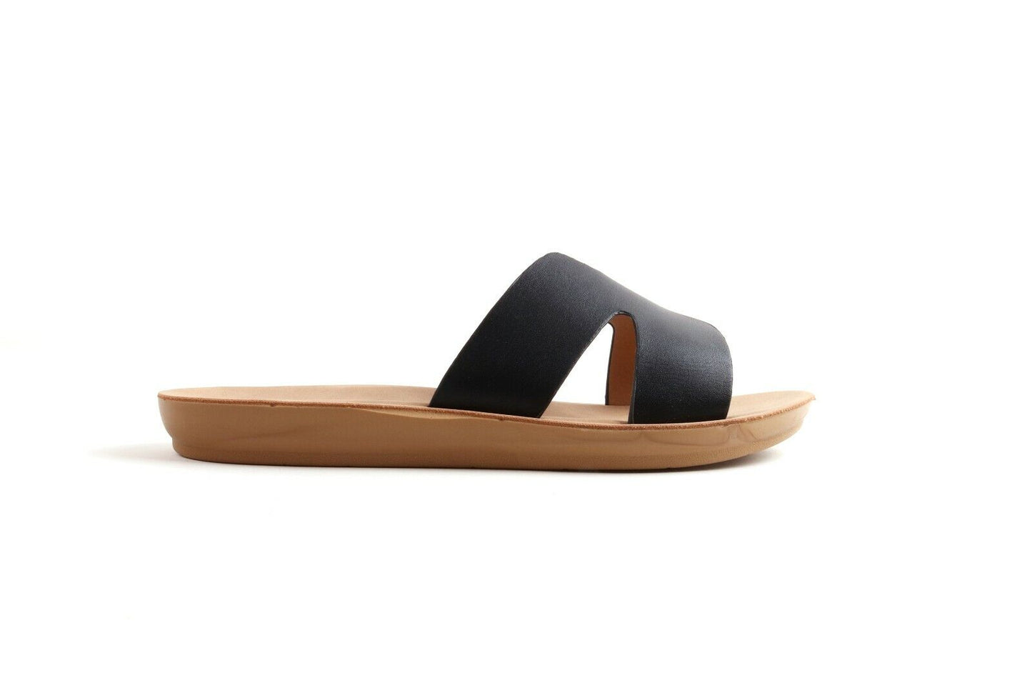 LADIES WOMENS FLAT SLIP ON H DESIGN SUMMER MULES SLIDERS SANDALS SHOES SIZE