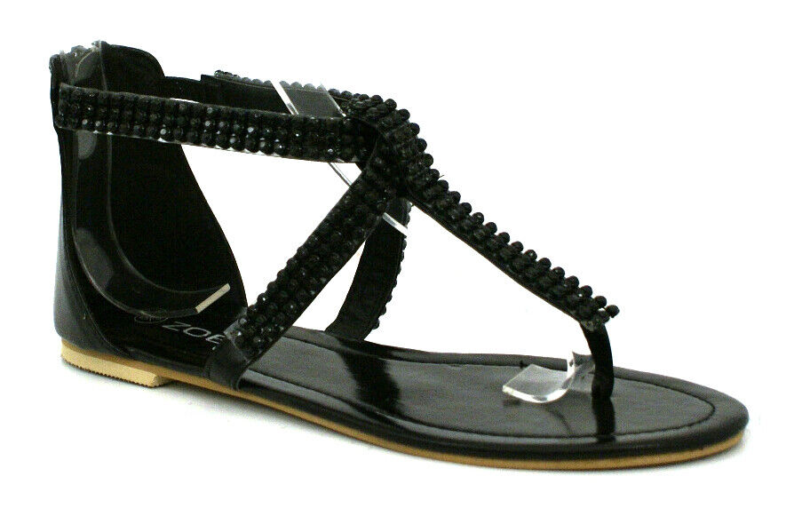 LADIES WOMENS DIAMANTE DETAIL FLAT GLADIATOR ROMAN THONG TOE POST SANDALS SHOES