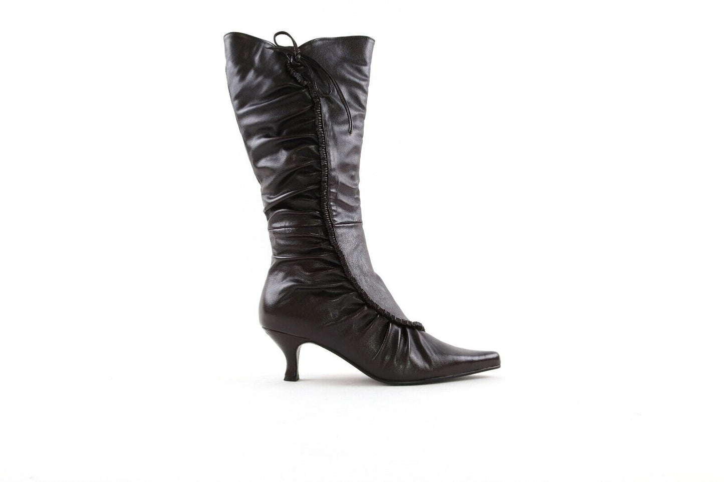 LADIES WOMENS LOW HEEL FRILL DETAIL FAUX LEATHER ZIP UP KNEE BOOTS SHOES SIZE
