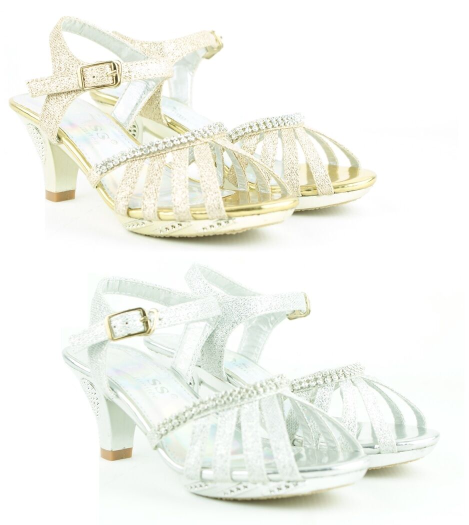 GIRLS KIDS LOW HEEL DIAMANTE WEDDING PARTY BRIDES MAID SANDALS