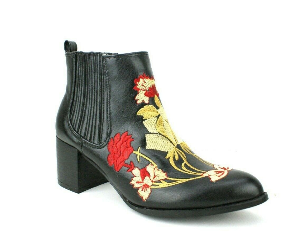 LADIES WOMENS BLOCK HEEL ANKLE EMBROIDED CHELSEA BOOTS BOOTIES SHOES SIZE