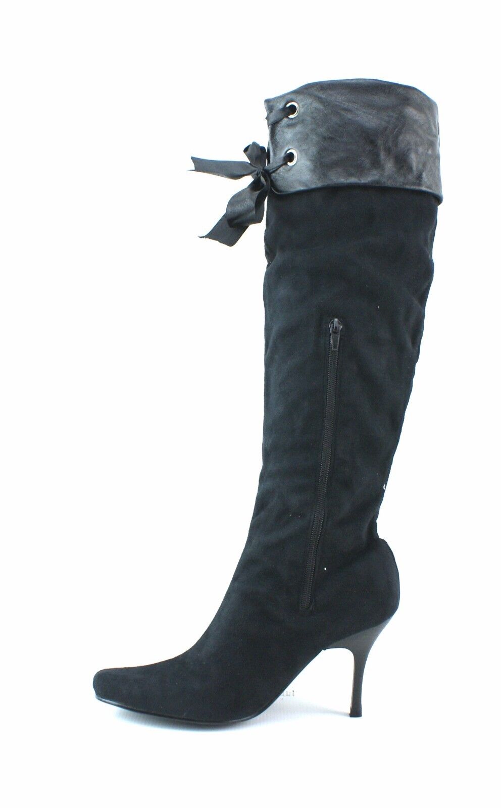 LADIES WOMENS BLACK KNEE BOOTS HIGH HEEL PIRATE STYLE RIBBON CUFF SHOES SIZE