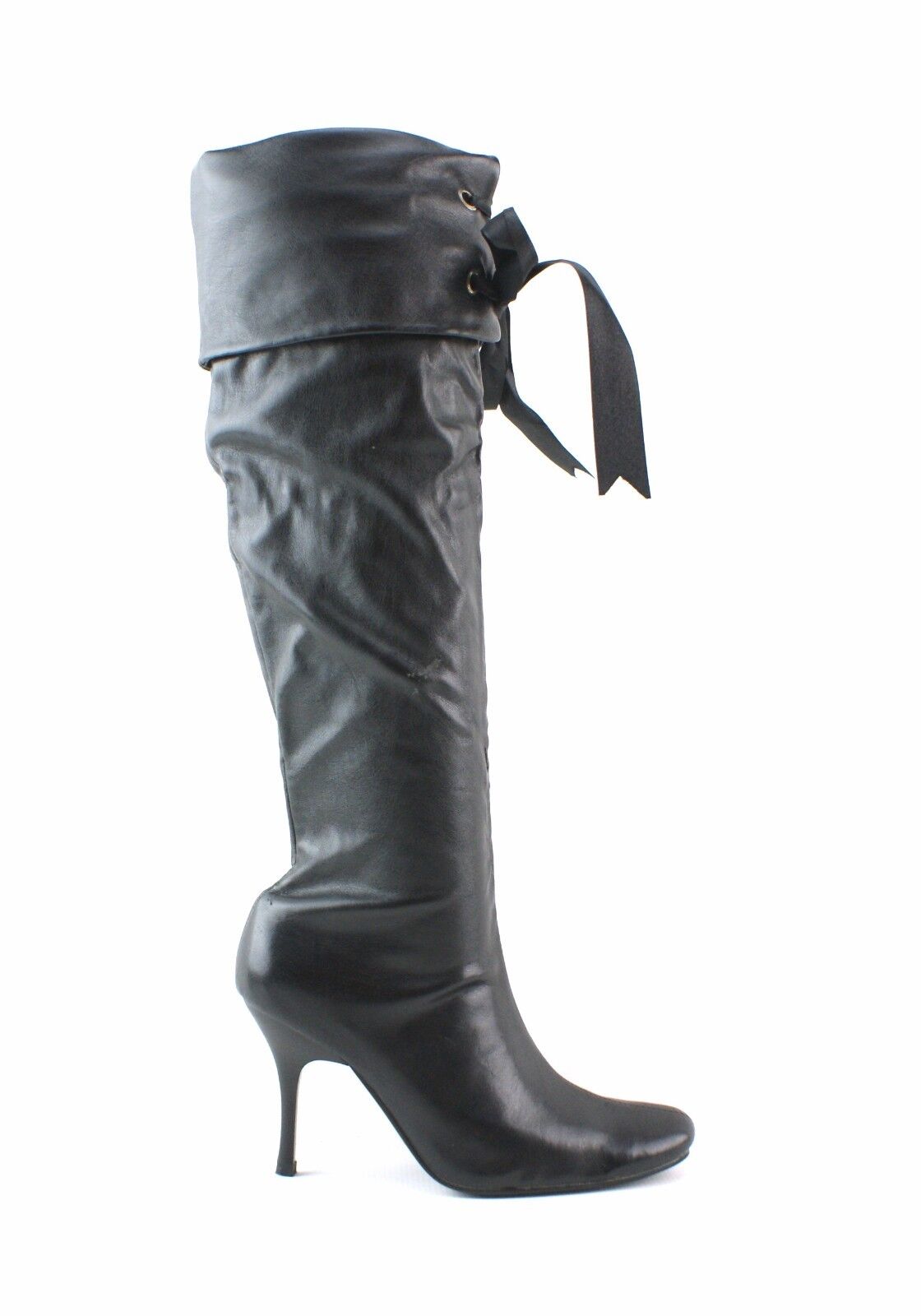 LADIES WOMENS BLACK KNEE BOOTS HIGH HEEL PIRATE STYLE RIBBON CUFF SHOES SIZE