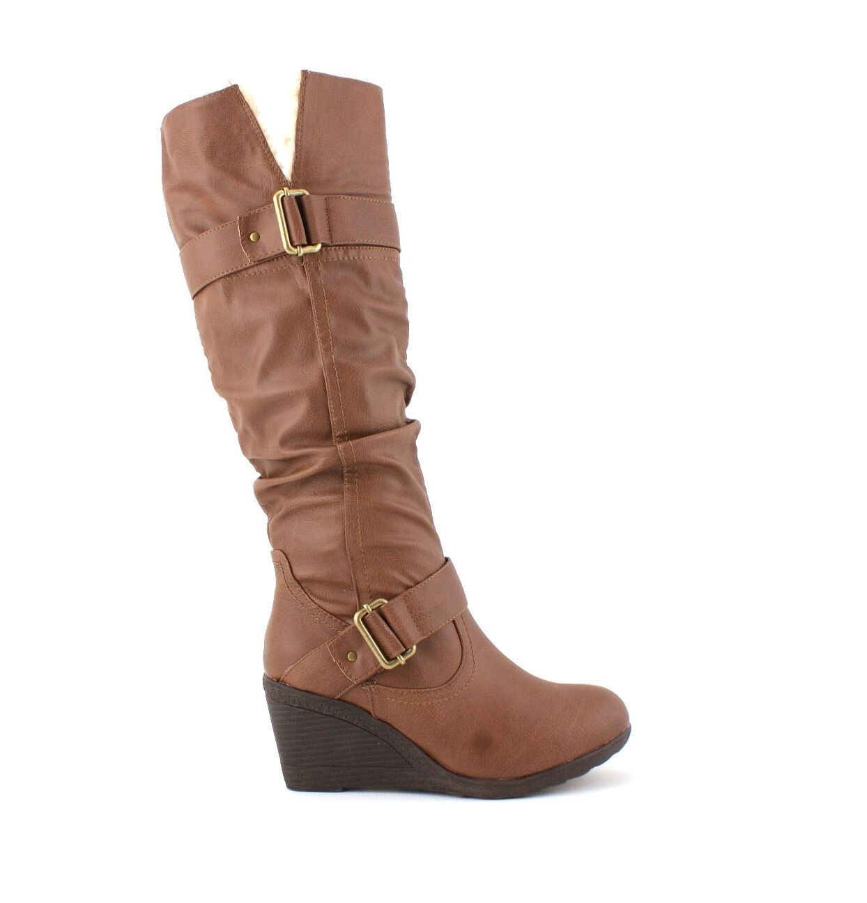 LADIES WOMENS FAUX LEATHER FUR WINTER WEDGE PLATFORM KNEE HIGH BOOTS SHOES SIZE