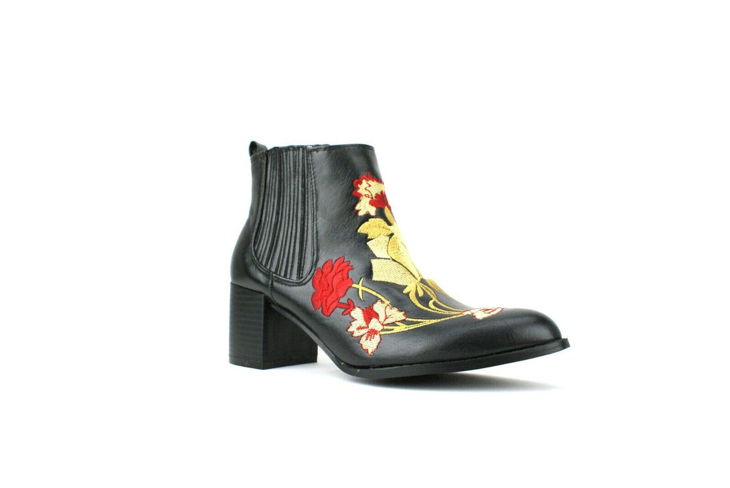 LADIES WOMENS BLOCK HEEL ANKLE EMBROIDED CHELSEA BOOTS BOOTIES SHOES SIZE