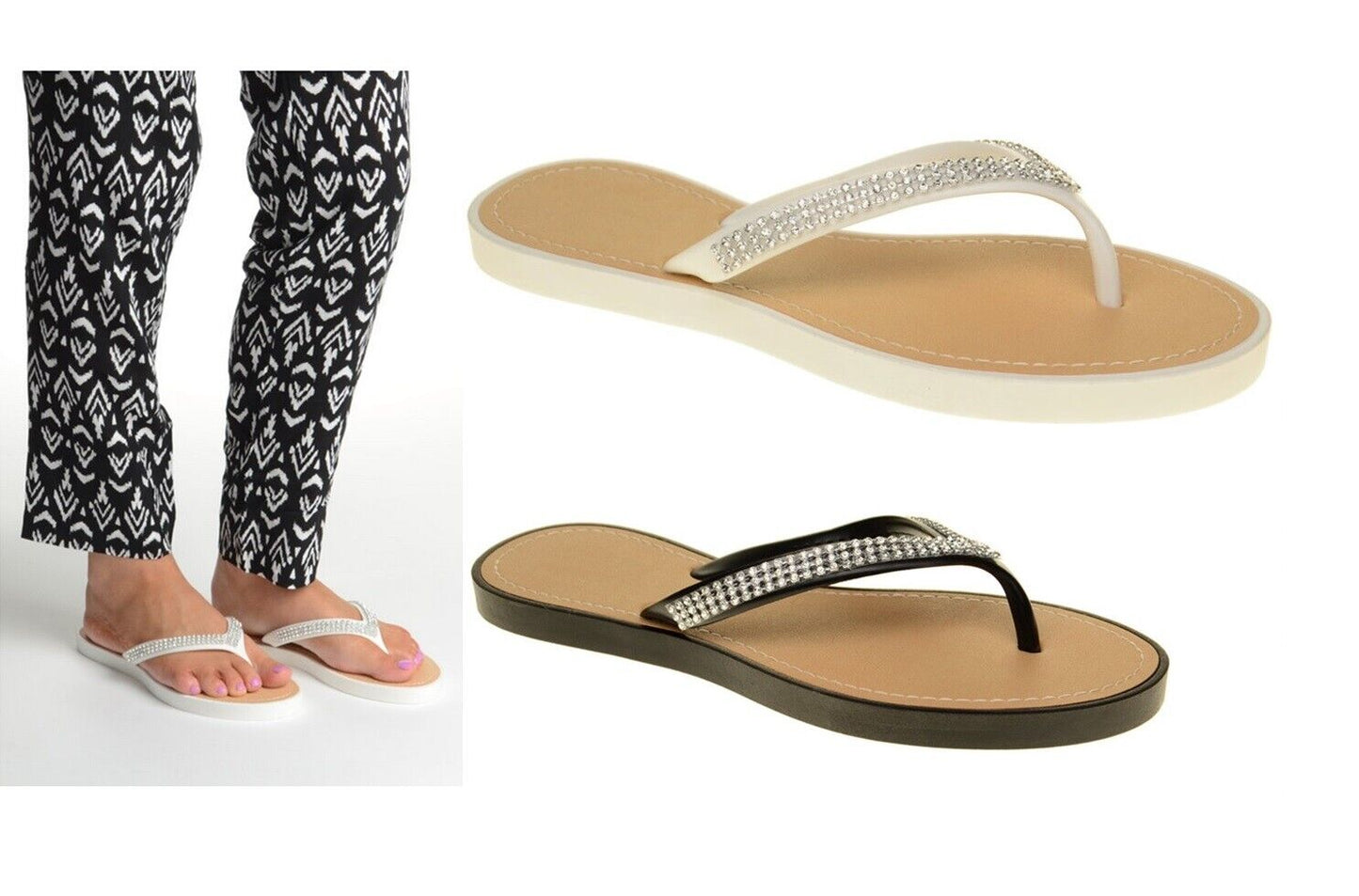 LADIES WOMENS DIAMANTE DETAIL THONG FLIP FLOPS SUMMER SANDALS BEACH SHOES SIZE