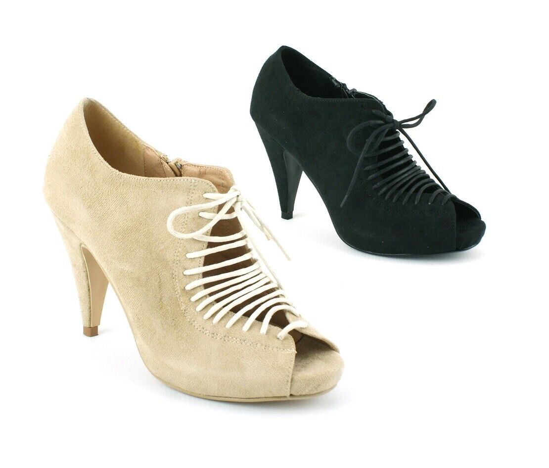 LADIES WOMENS MID HEEL LACE UP PEEP TOE ZIP UP SANDALS SHOES PUMPS SIZE