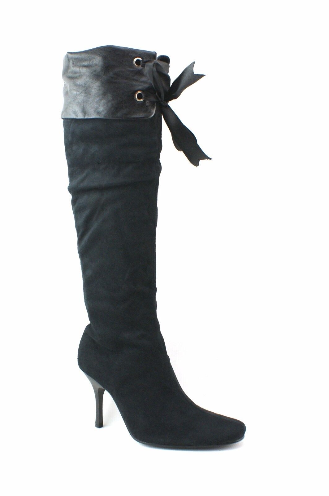 LADIES WOMENS BLACK KNEE BOOTS HIGH HEEL PIRATE STYLE RIBBON CUFF SHOES SIZE
