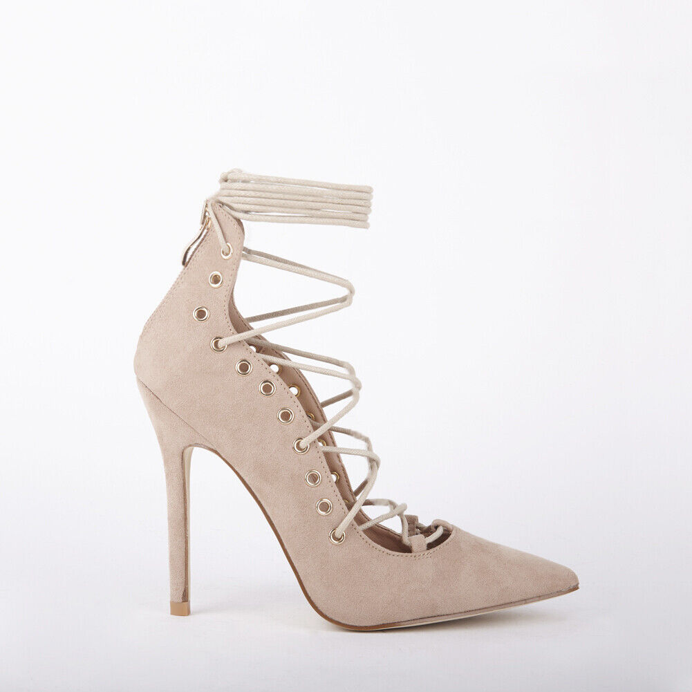 LADIES WOMENS STILLETTO HEEL POINTED TOE ANKLE LACE FAUX SUEDE COURT SHOES SIZE