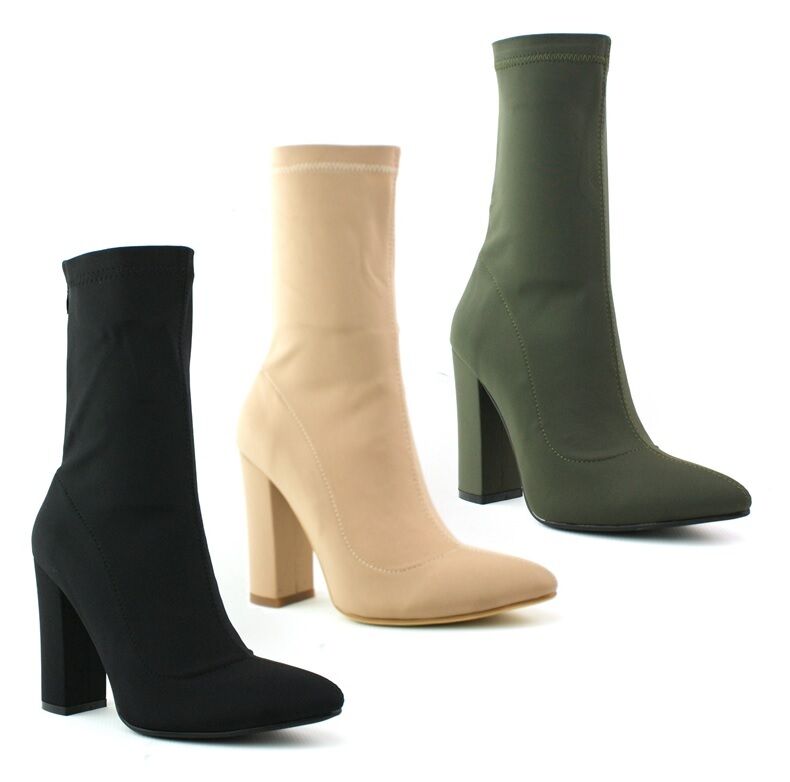 LADIES WOMENS BLOCK HEEL ANKLE HIGH BOOTS STRETCH LYCRA BOOTS SHOES SIZE 3 - 8
