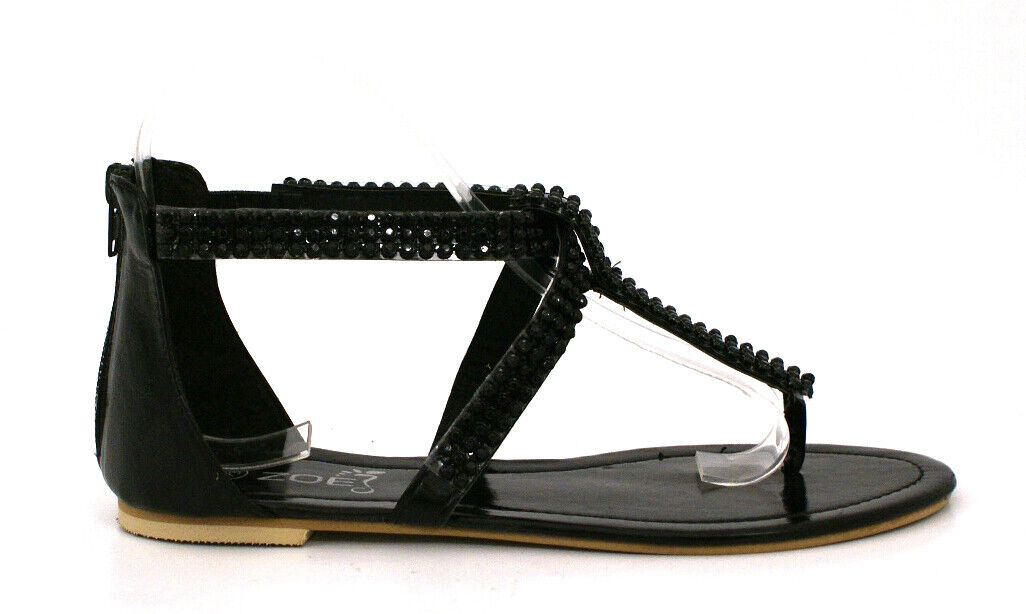 LADIES WOMENS DIAMANTE DETAIL FLAT GLADIATOR ROMAN THONG TOE POST SANDALS SHOES