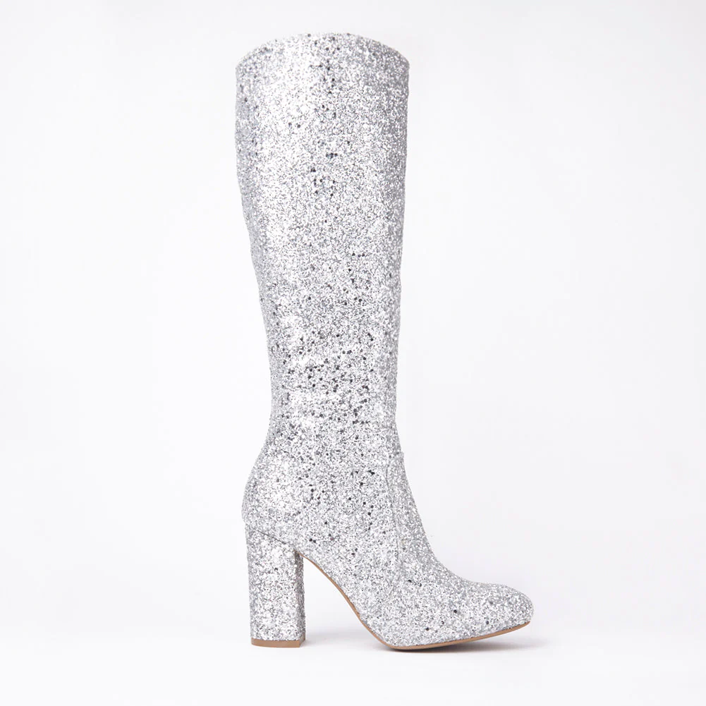 India Glitter Knee High Block Heel Boots