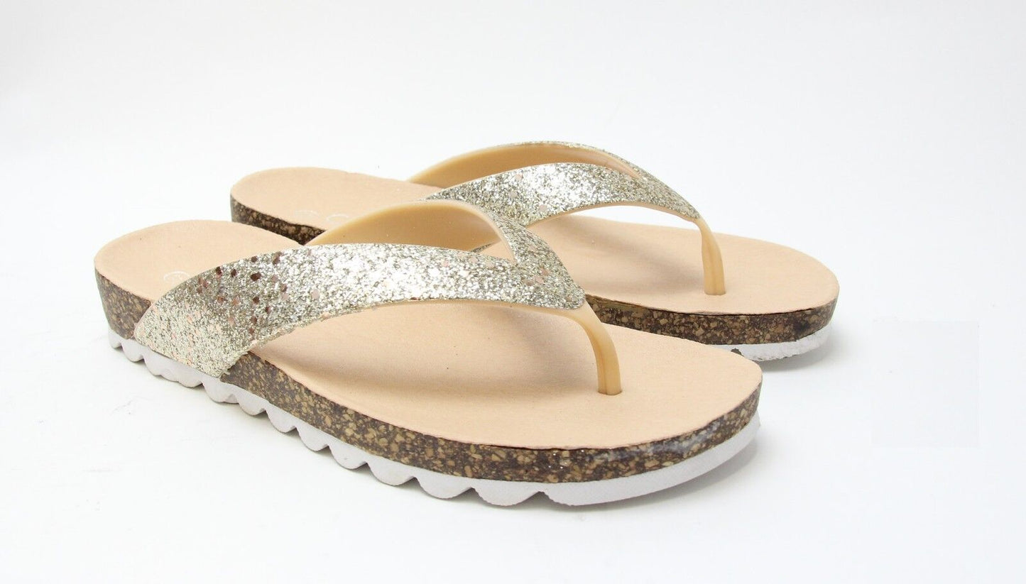 LADIES WOMENS TOE POST LOW WEDGE FLIP FLOPS FOOT BED SUMMER SANDALS SHOES SIZE