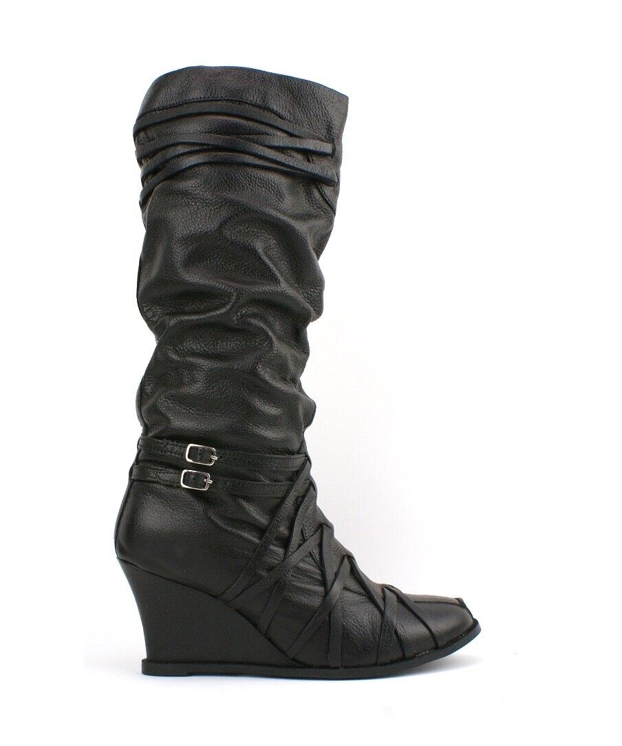 LADIES WOMENS REAL LEATHER KNEE HIGH WEDGE HEEL SMART CASUAL BOOTS SHOES SIZE