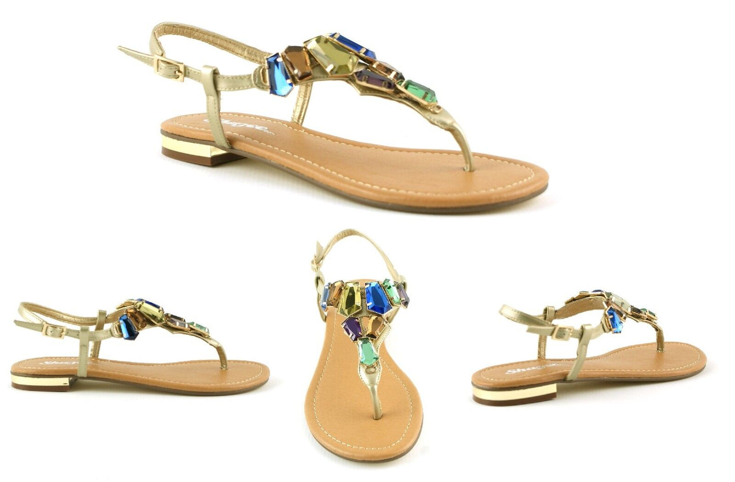 LADIES WOMENS NEW FLAT DIAMANTE CRYSTAL GLADIATOR SUMMER SANDALS SHOES SIZE