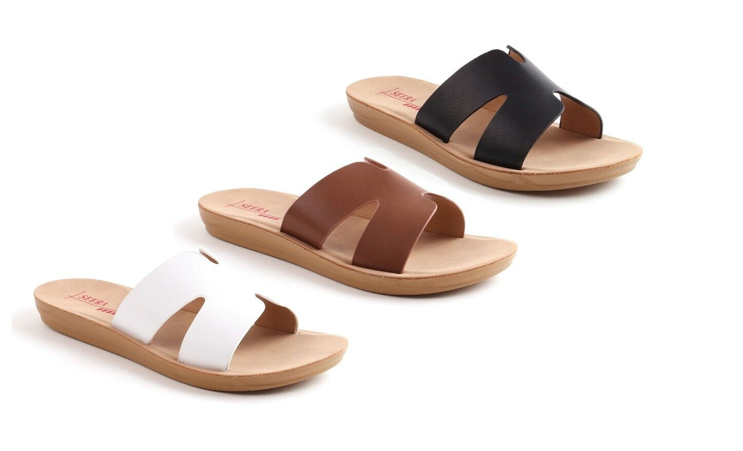 LADIES WOMENS FLAT SLIP ON H DESIGN SUMMER MULES SLIDERS SANDALS SHOES SIZE