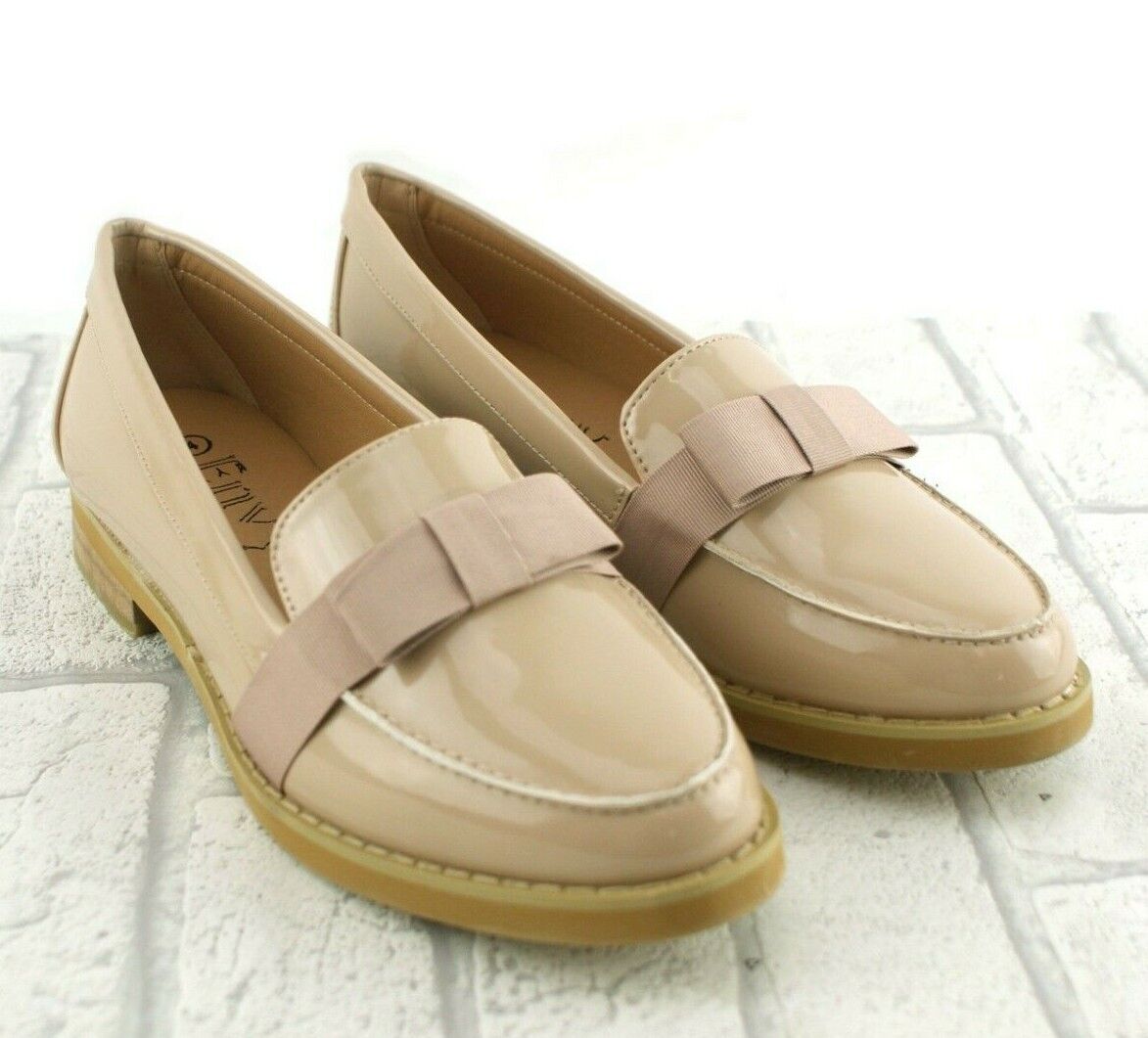 Ladies Womens Faux Nude Patent Leather Penny Loafer Moccasin Slip On Shoes Size