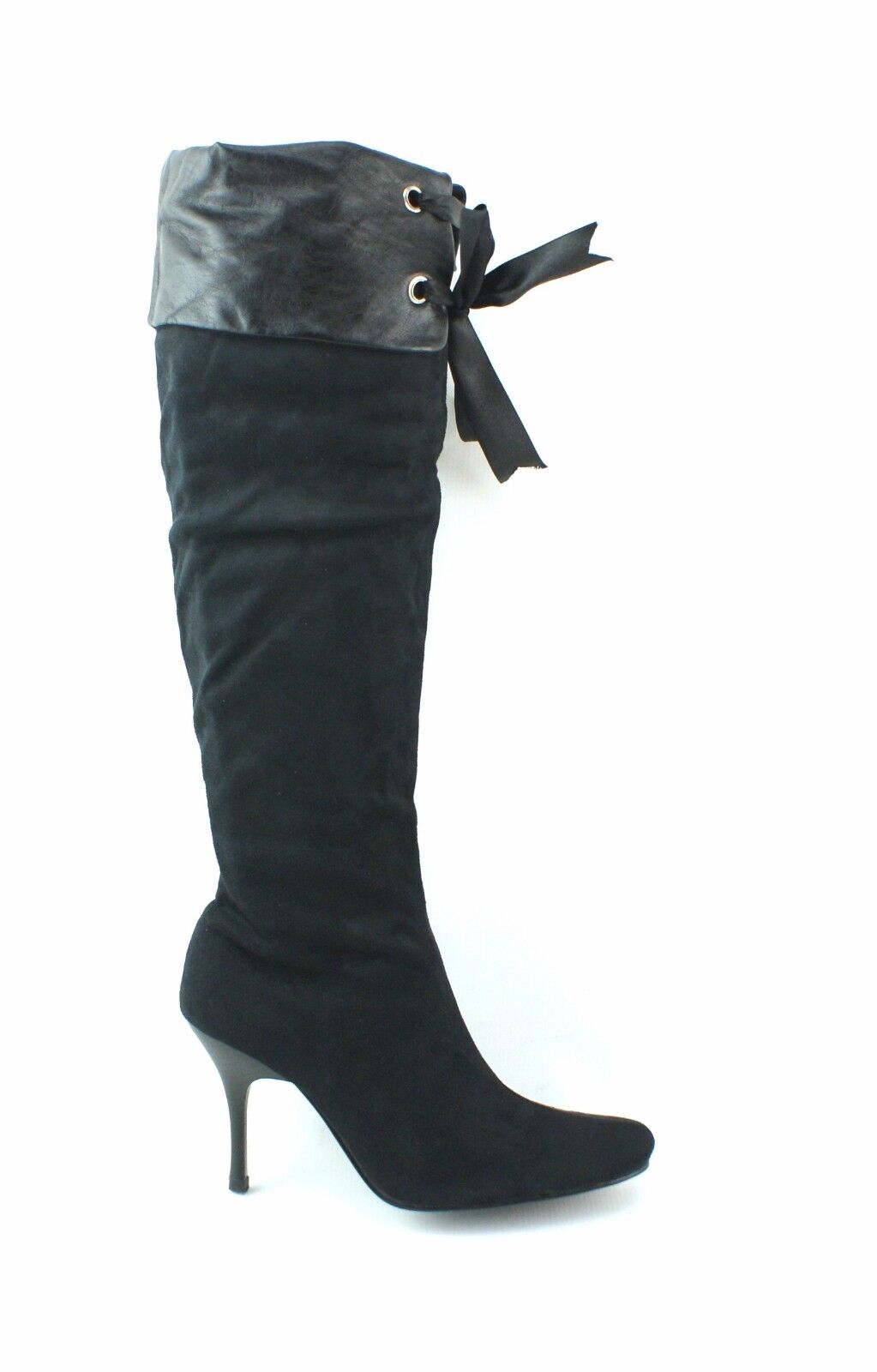 LADIES WOMENS BLACK KNEE BOOTS HIGH HEEL PIRATE STYLE RIBBON CUFF SHOES SIZE