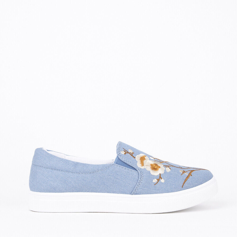 Ladies Womens Embroided Flat Rubber Sole Skater Pumps Sneaker Trainers Shoes