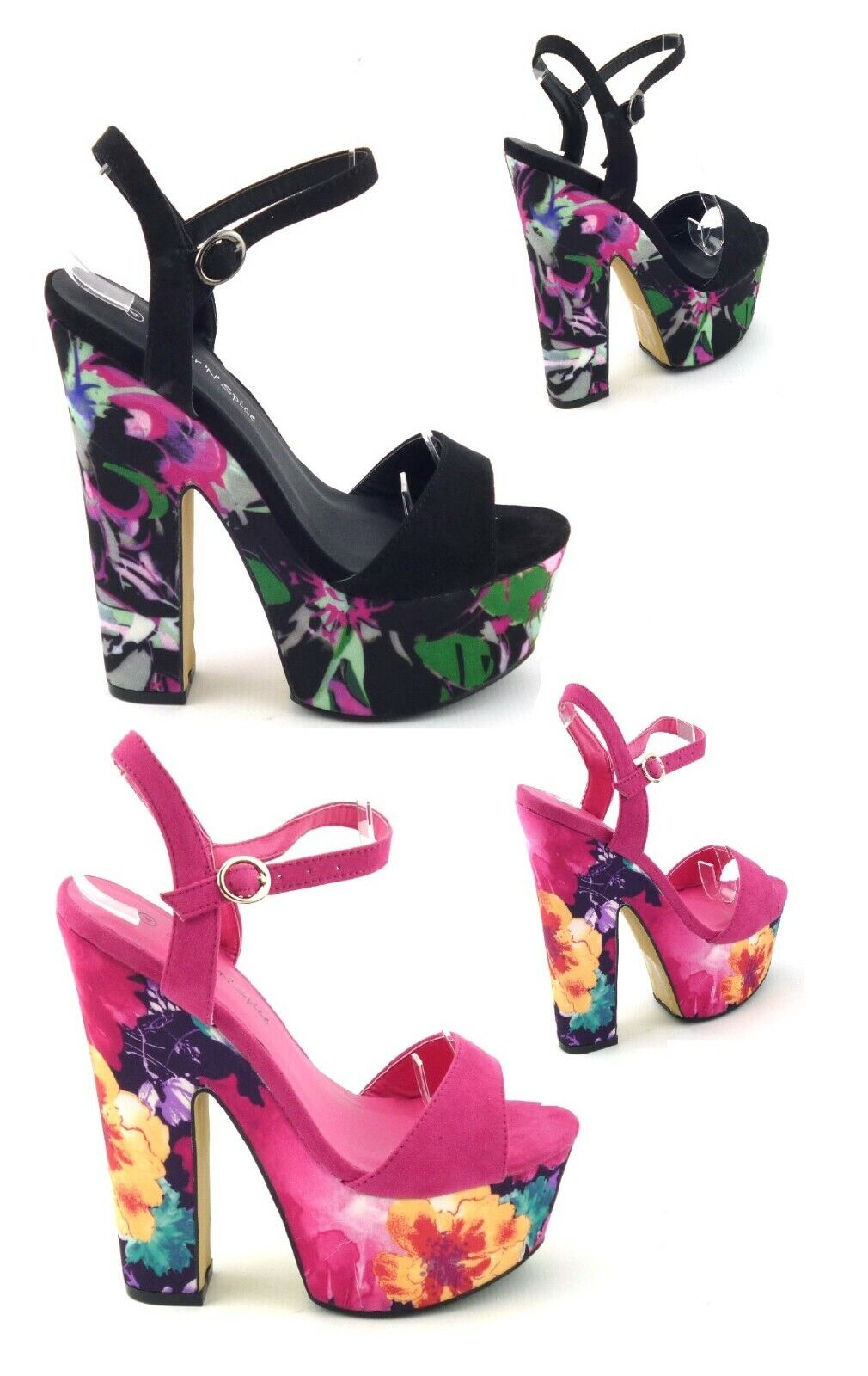 LADIES WOMENS PEEP TOE BLOCK HEEL FLORAL PRINT SUMMER EVENING SANDALS SHOES SIZE