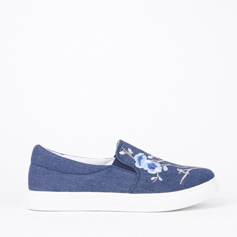 Ladies Womens Embroided Flat Rubber Sole Skater Pumps Sneaker Trainers Shoes