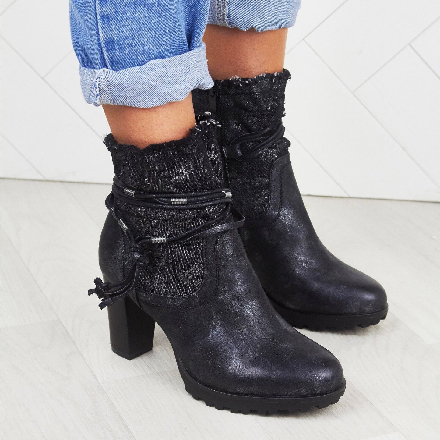 WOMENS LADIES BLOCK HEEL ANKLE DENIM DESIGN FASHION GRIP SOLE BOOTS SHOES SIZE
