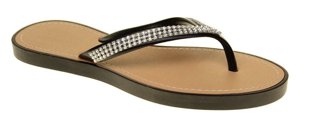 LADIES WOMENS DIAMANTE DETAIL THONG FLIP FLOPS SUMMER SANDALS BEACH SHOES SIZE