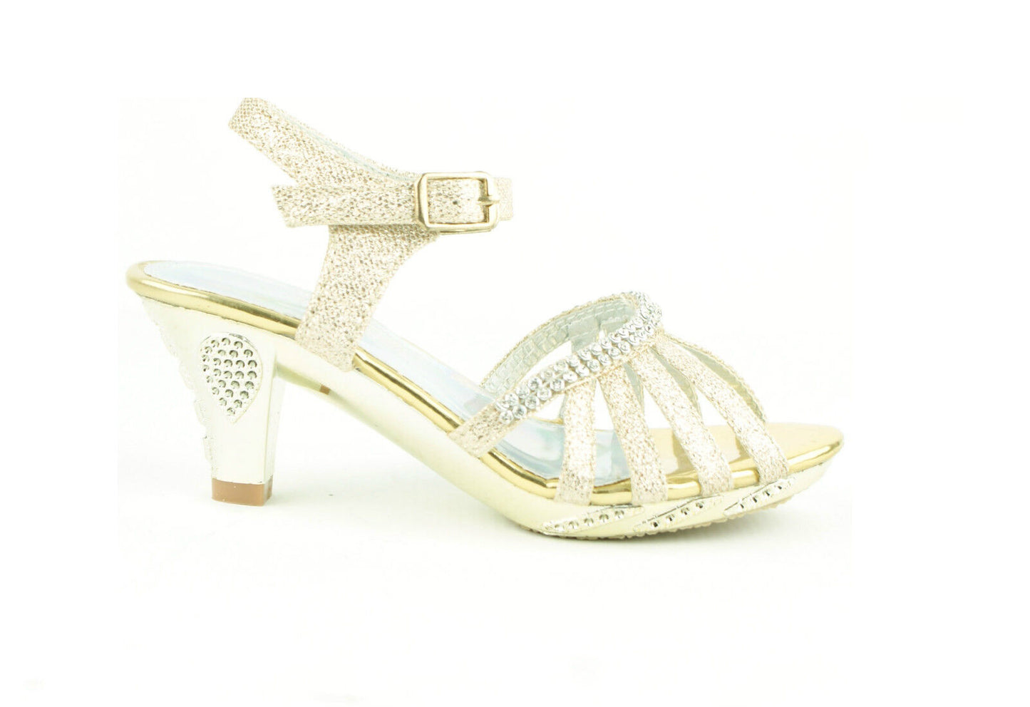 GIRLS KIDS LOW HEEL DIAMANTE WEDDING PARTY BRIDES MAID SANDALS