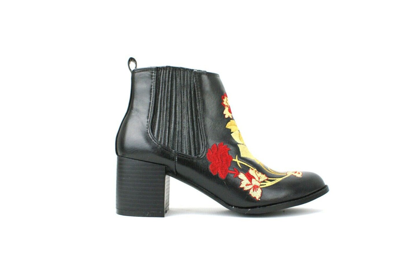 LADIES WOMENS BLOCK HEEL ANKLE EMBROIDED CHELSEA BOOTS BOOTIES SHOES SIZE