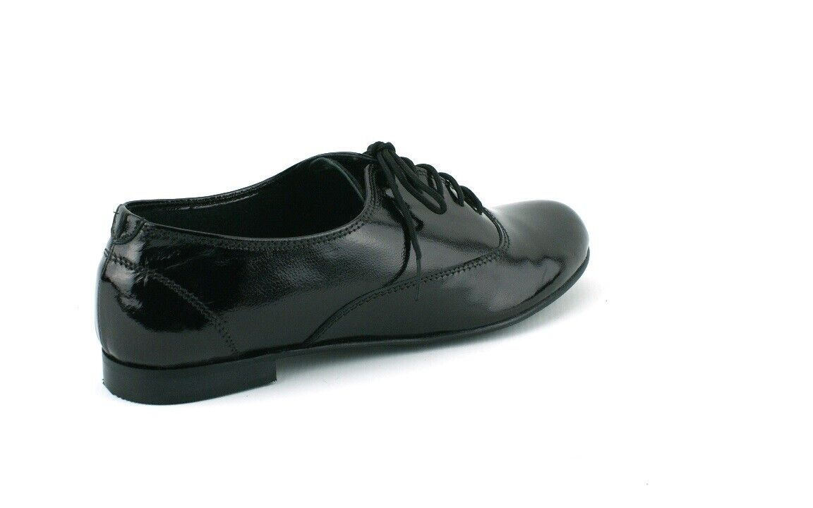 LADIES WOMENS REAL LEATHER FLAT BLACK PATENT FORMAL LACE UP PUMPS SHOES SIZE