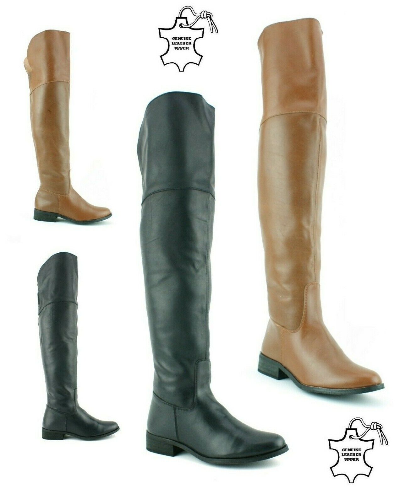 LADIES WOMENS REAL LEATHER OVER THE KNEE HIGH FLAT HEEL CASUAL BOOTS SHOES SIZE