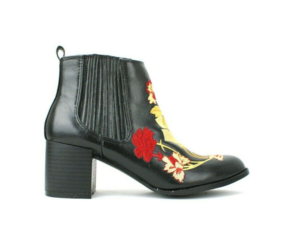 LADIES WOMENS BLOCK HEEL ANKLE EMBROIDED CHELSEA BOOTS BOOTIES SHOES SIZE