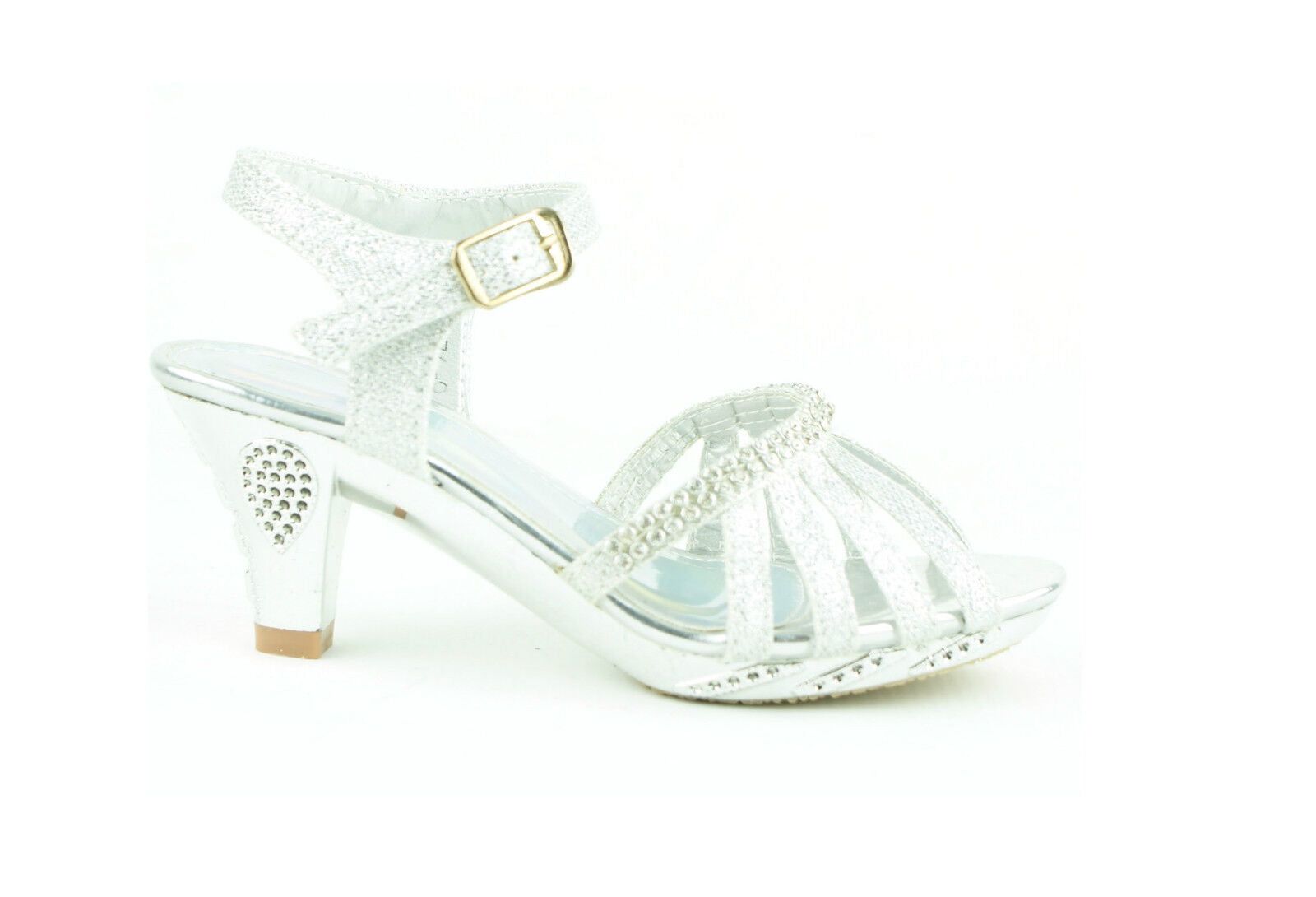 GIRLS KIDS LOW HEEL DIAMANTE WEDDING PARTY BRIDES MAID SANDALS