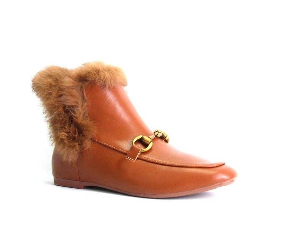 LADIES WOMENS VINTAGE RETRO FLAT FAUX FUR COLLAR ANKLE LOAFER BOOTS SHOES SIZE