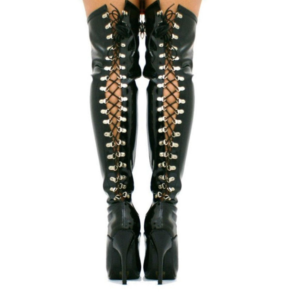 Over The Knee Corset Back Lace Patent Boots