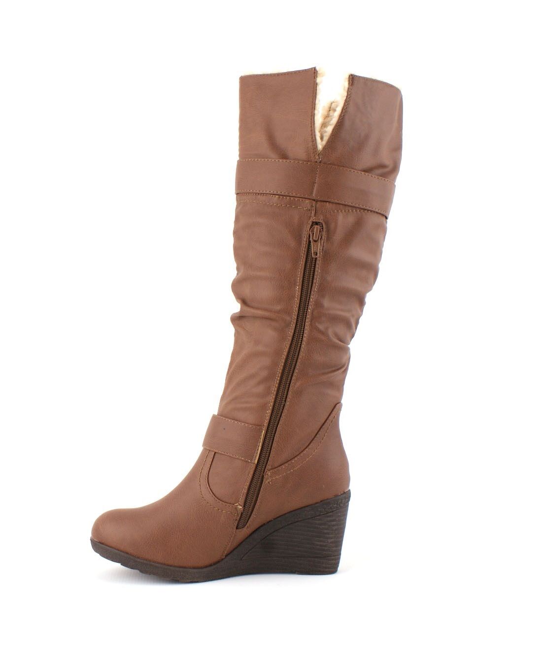 LADIES WOMENS FAUX LEATHER FUR WINTER WEDGE PLATFORM KNEE HIGH BOOTS SHOES SIZE