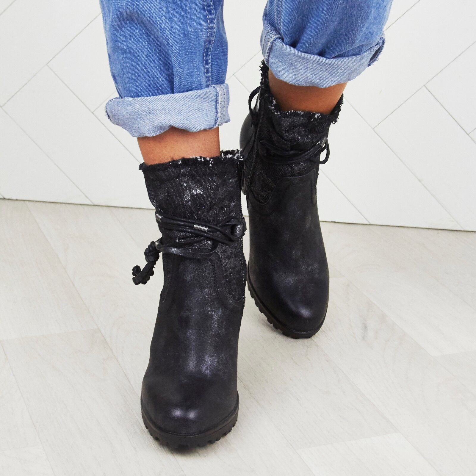 WOMENS LADIES BLOCK HEEL ANKLE DENIM DESIGN FASHION GRIP SOLE BOOTS SHOES SIZE