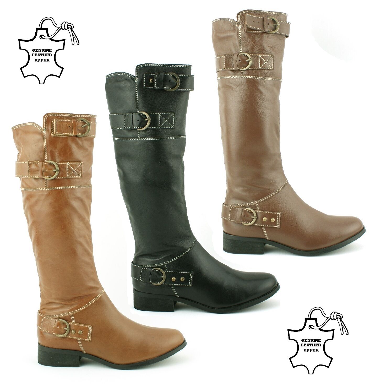 LADIES WOMENS REAL LEATHER KNEE HIGH FLAT HEEL RIDING CASUAL BOOTS SHOES SIZE