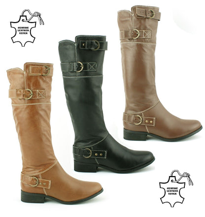 LADIES WOMENS REAL LEATHER KNEE HIGH FLAT HEEL RIDING CASUAL BOOTS SHOES SIZE